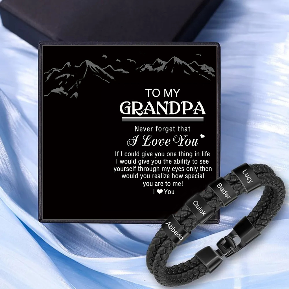 4 Names - Personalized Men's Bracelet Custom 4 Names Braided Leather Bracelet for Grandpa