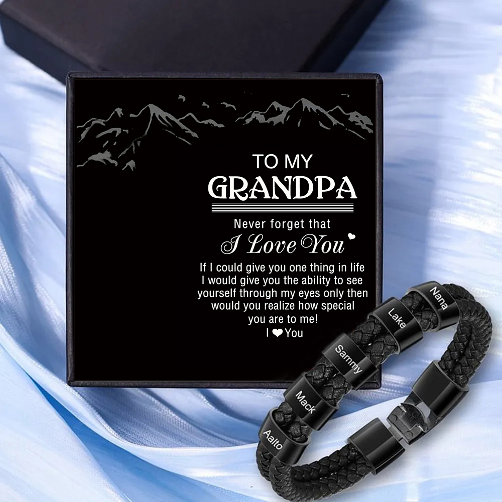 5 Names - Personalized Men's Bracelet Custom 5 Names Braided Leather Bracelet for Grandpa