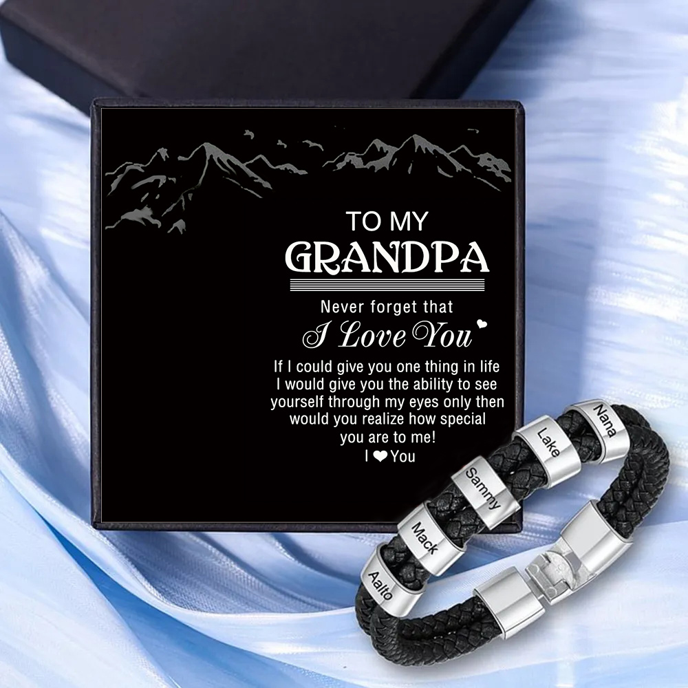5 Names - Personalized Men's Bracelet Custom 5 Names Braided Leather Bracelet for Grandpa