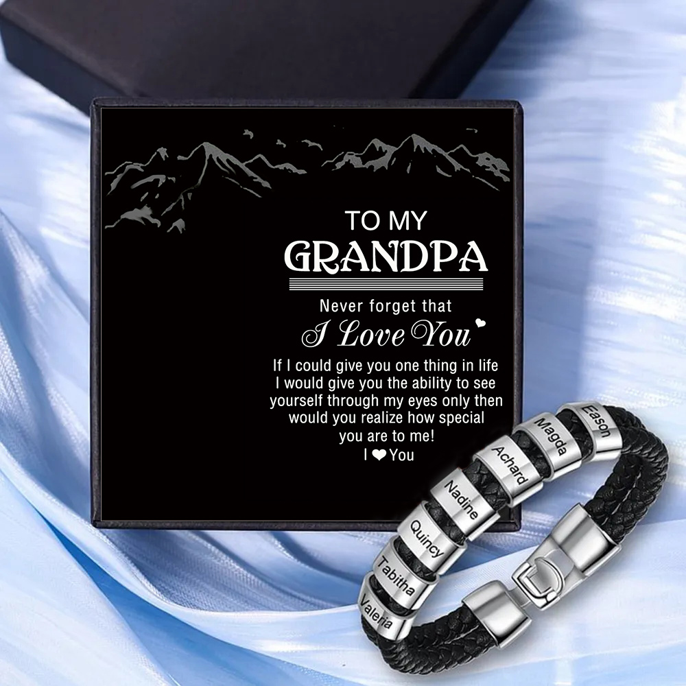 7 Names - Personalized Men's Bracelet Custom 7 Names Braided Leather Bracelet for Grandpa