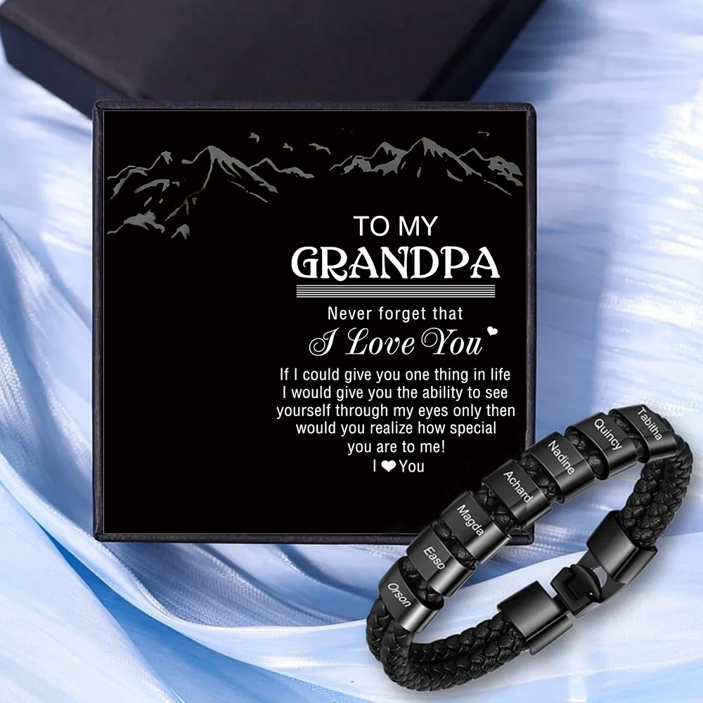 7 Names - Personalized Men's Bracelet Custom 7 Names Braided Leather Bracelet for Grandpa