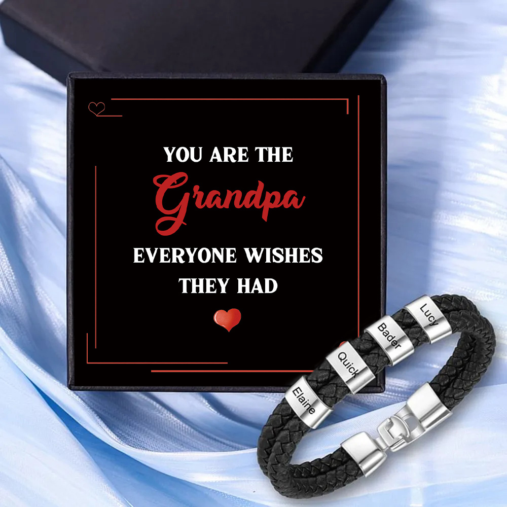 4 Names - Personalized Men's Bracelet Custom 4 Names Braided Leather Bracelet for Grandpa
