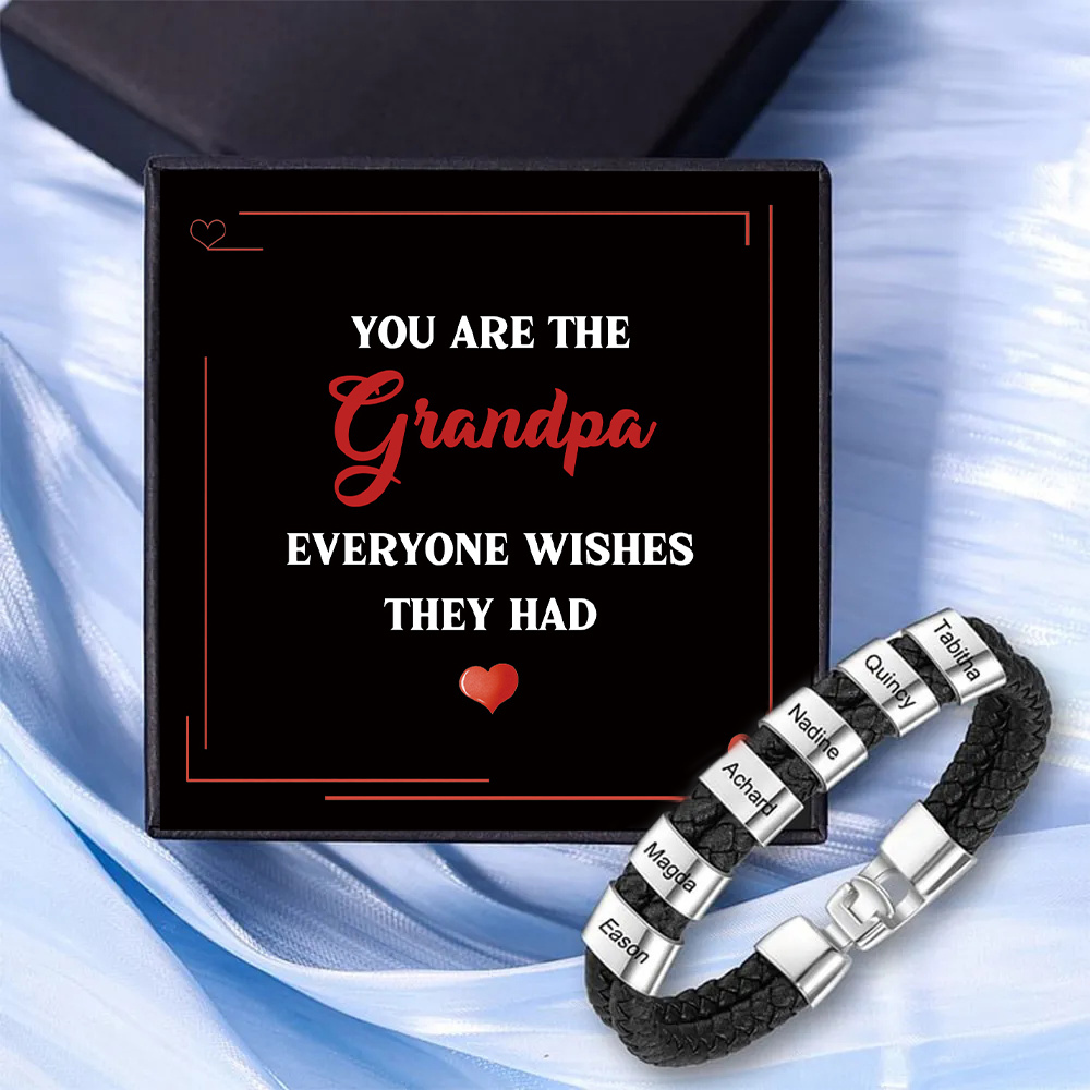 6 Names - Personalized Men's Bracelet Custom 6 Names Braided Leather Bracelet for Grandpa