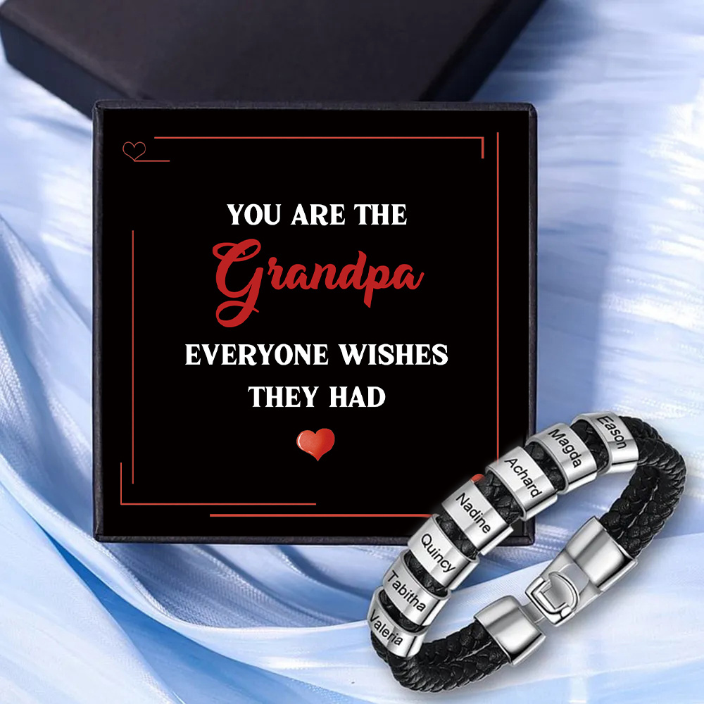 7 Names - Personalized Men's Bracelet Custom 7 Names Braided Leather Bracelet for Grandpa