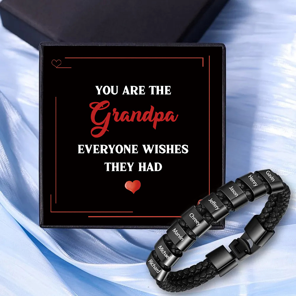 8 Names - Personalized Men's Bracelet Custom 8 Names Braided Leather Bracelet for Grandpa
