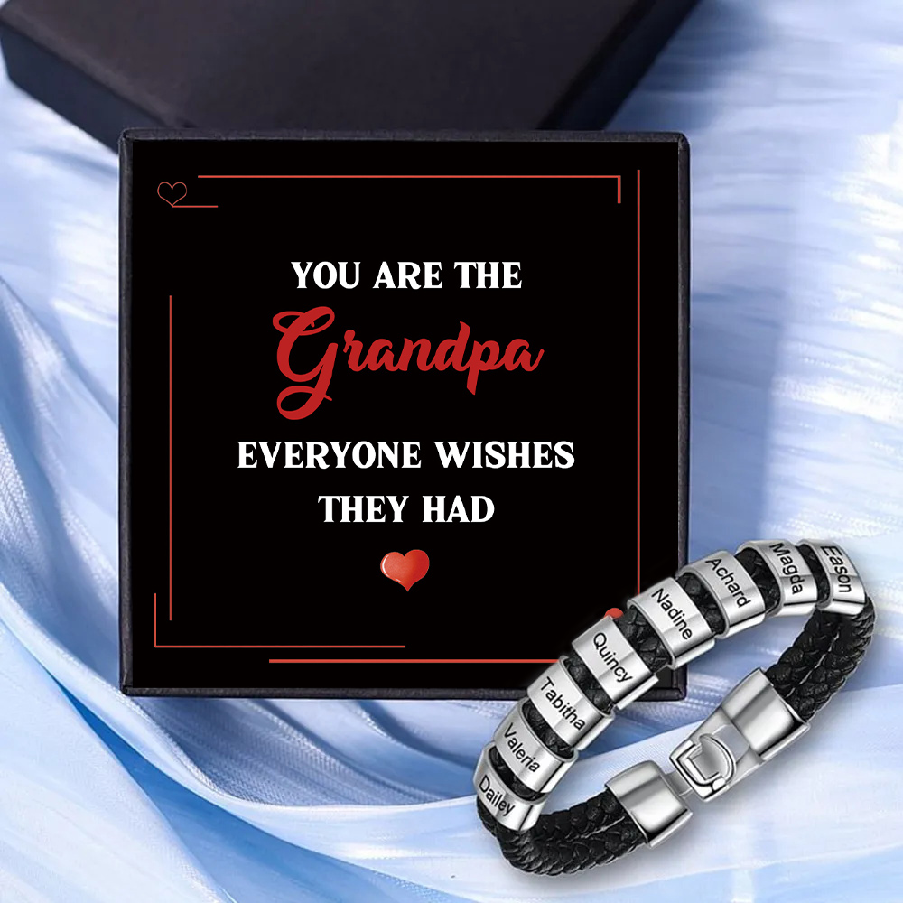 8 Names - Personalized Men's Bracelet Custom 8 Names Braided Leather Bracelet for Grandpa