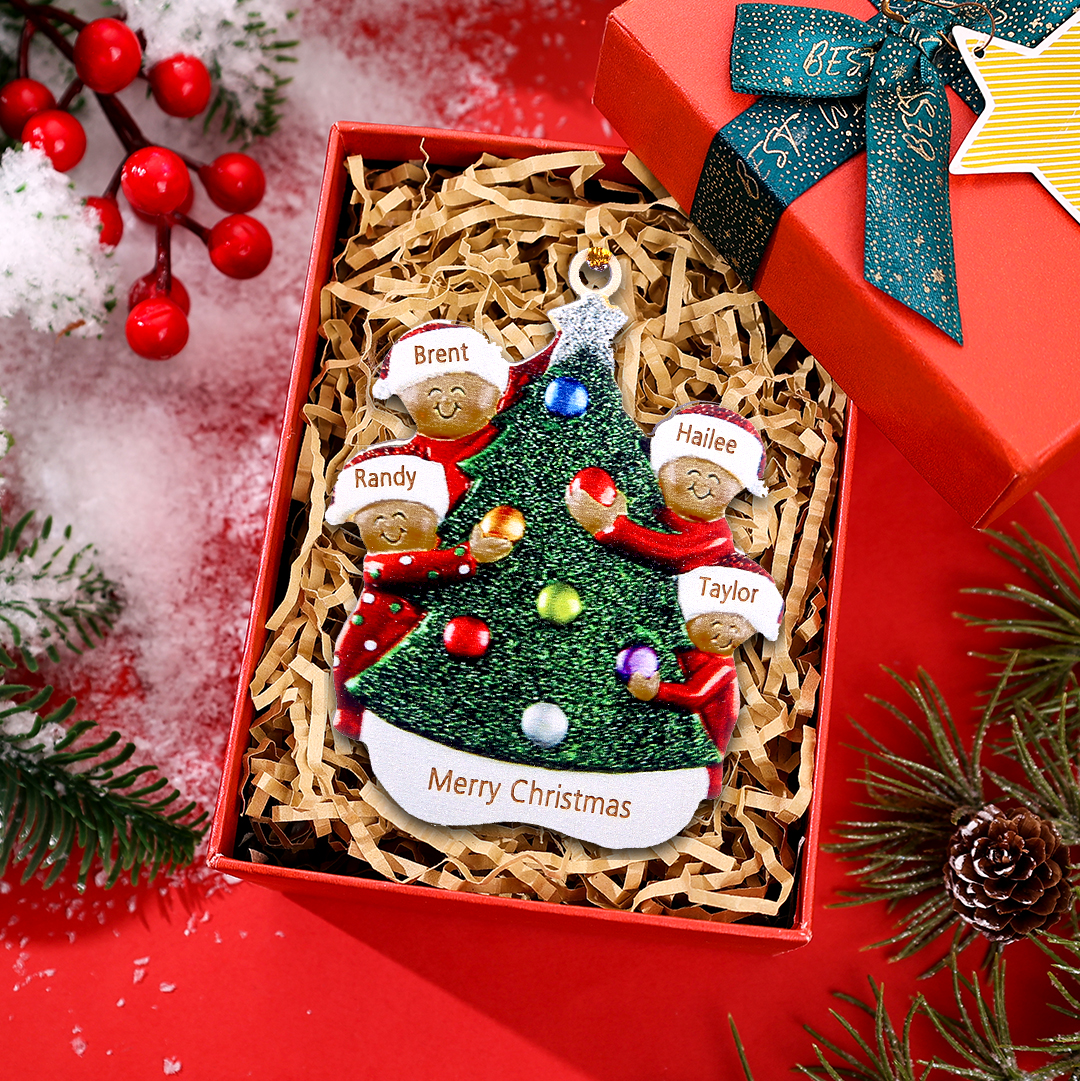 Personalised Christmas Tree Ornament with Custom 4 Names & 1 Text with Gift Box- Festive Holiday Decoration for Family | Jessmade