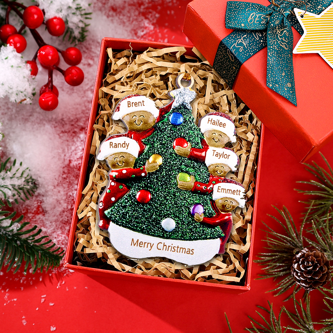 Personalised Christmas Tree Ornament with Custom 5 Names & 1 Text with Red Box - Festive Holiday Decoration for Family | Jessmade