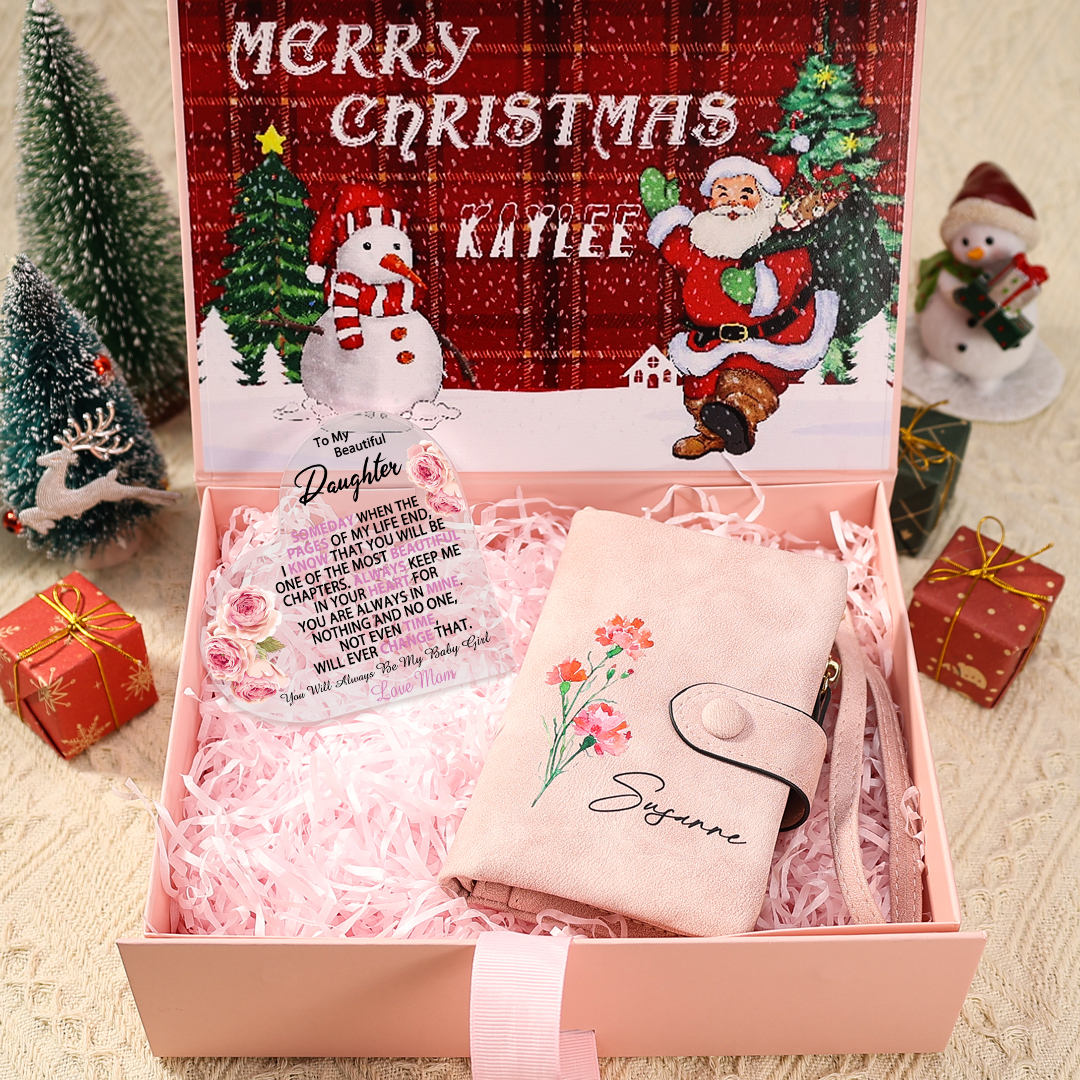 To My Daughter Christmas Gift Set - Personalised Women's Purse Custom Birthflower & Name Heart Acylic Plaque Gift for Her | Jessemade