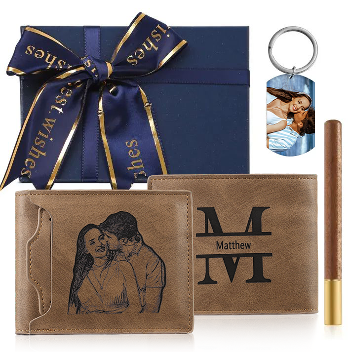 Personalised Men’s Gift Set with Custom Wallet, Keyring, Letter & Photo – Valentine’s Day Gift for Him | Jessemade