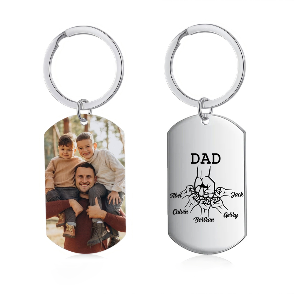 5 Names - Personalized Fist Pendant Keychain Gift Set - Customized Photo Special Gift for Dad