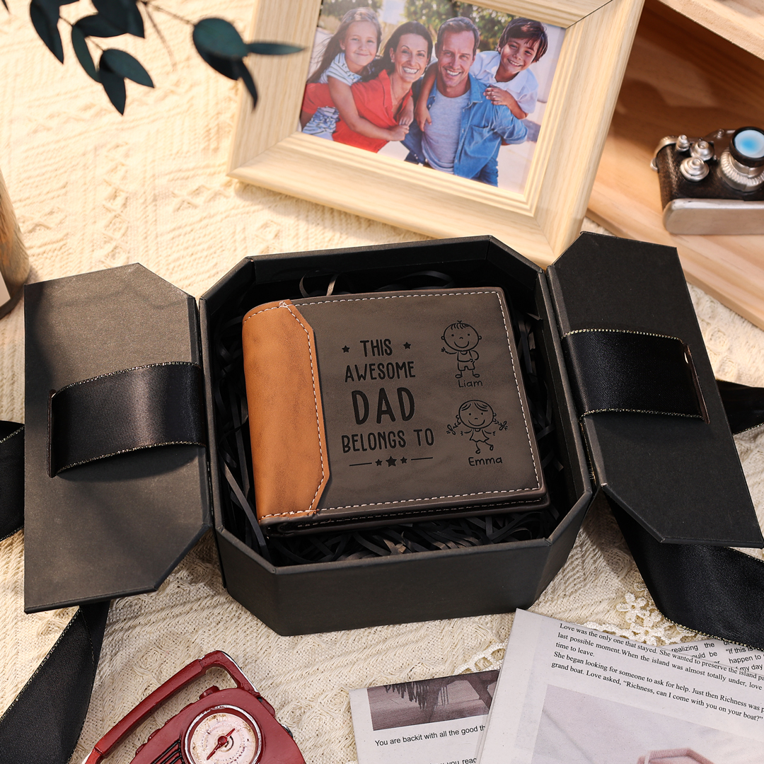 2 Names-Personalized Doll Customized Leather Men's Wallet Customized Name Folding Grey Wallet for Dad