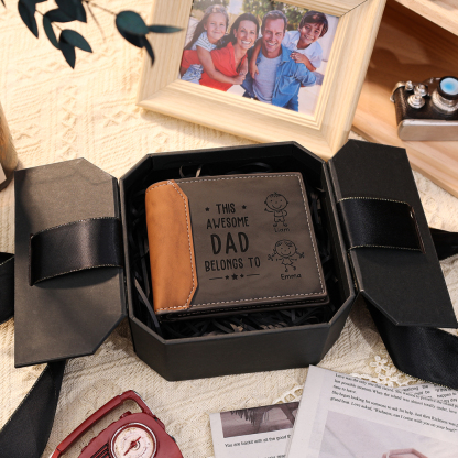 2 Names-Personalized Doll Customized Leather Men's Wallet Customized Name Folding Grey Wallet for Dad
