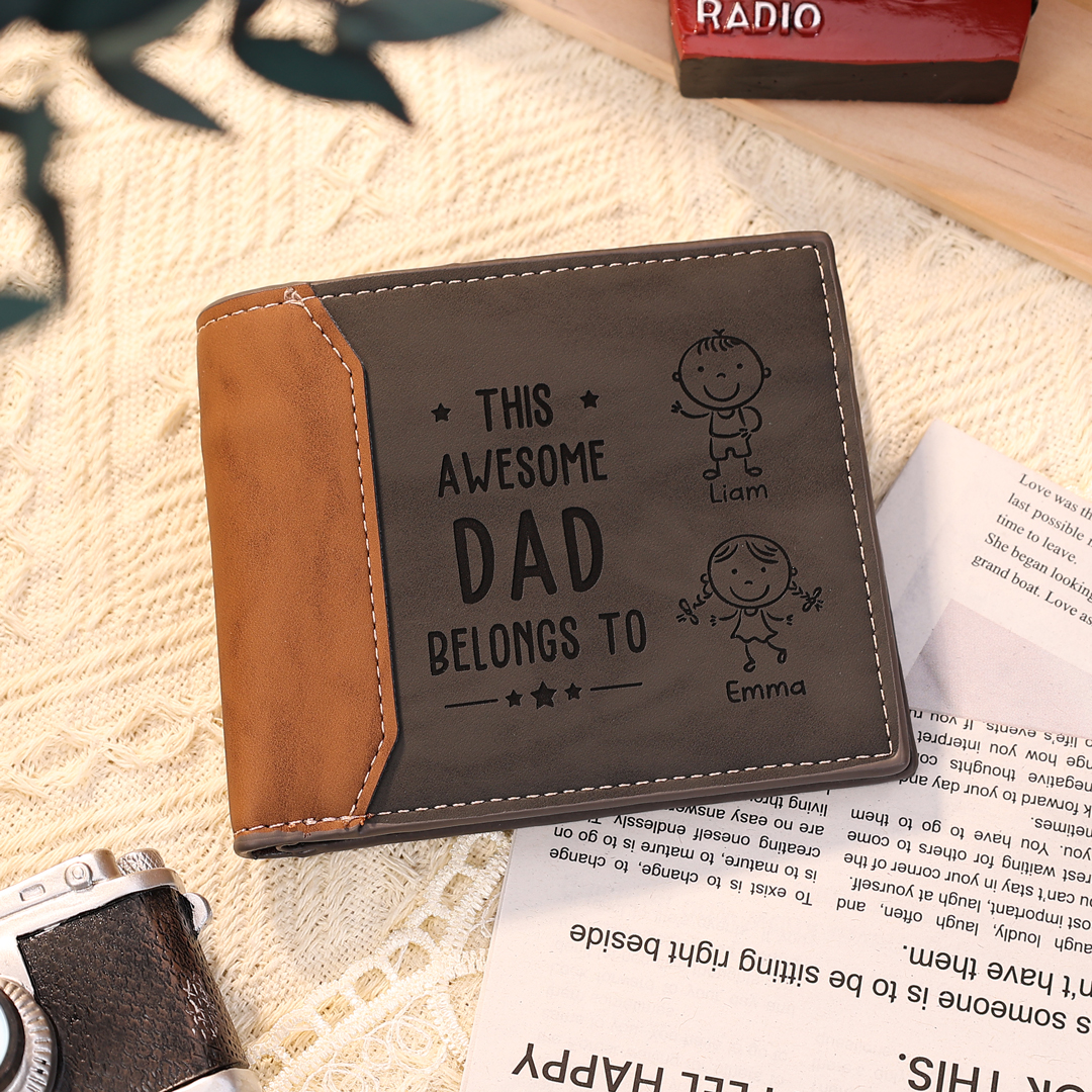 2 Names-Personalized Doll Customized Leather Men's Wallet Customized Name Folding Grey Wallet for Dad