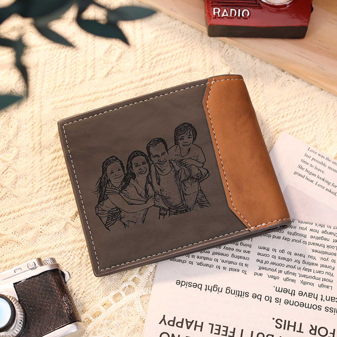 2 Names-Personalized Doll Customized Leather Men's Wallet Customized Name Folding Grey Wallet for Dad