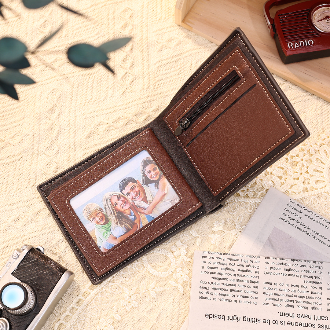 2 Names-Personalized Doll Customized Leather Men's Wallet Customized Name Folding Grey Wallet for Dad