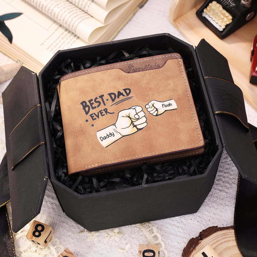 2 Names - Personalized Fist Bump Pattern Custom Text Leather Men's Wallet as a Father's Day Gift for Dad