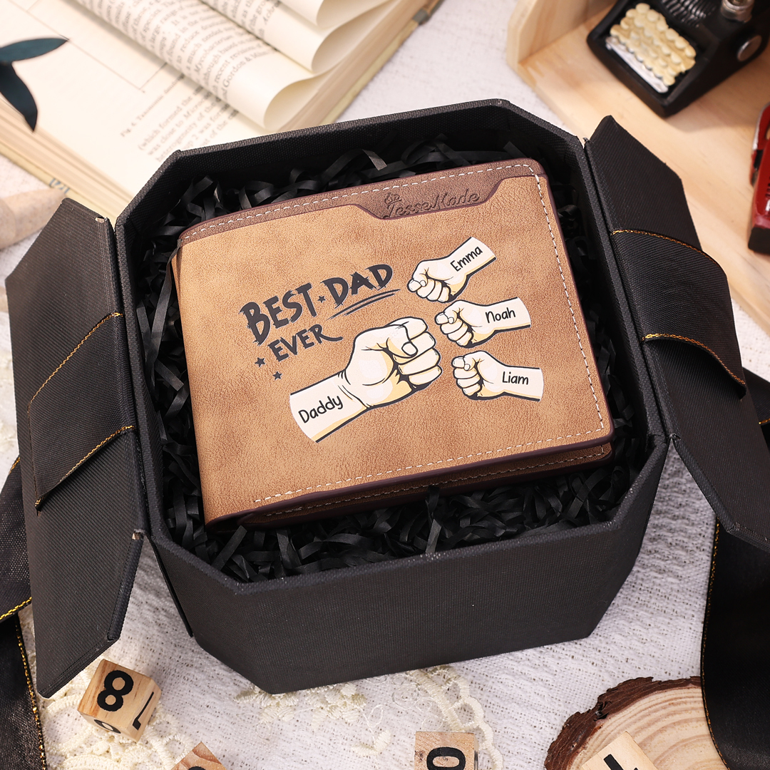 4 Names - Personalized Fist Bump Pattern Custom Text Leather Men's Wallet as a Father's Day Gift for Dad