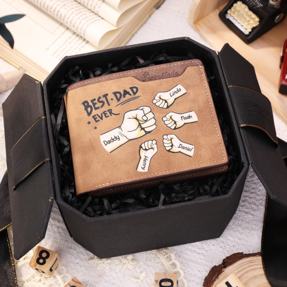 5 Names - Personalized Fist Bump Pattern Custom Text Leather Men's Wallet as a Father's Day Gift for Dad