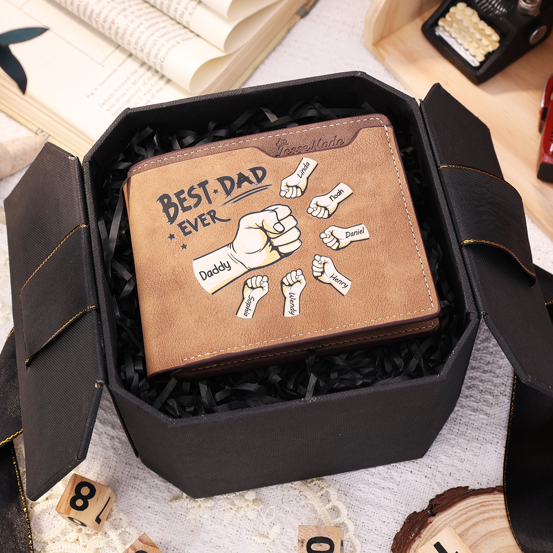 7 Names - Personalized Fist Bump Pattern Custom Text Leather Men's Wal