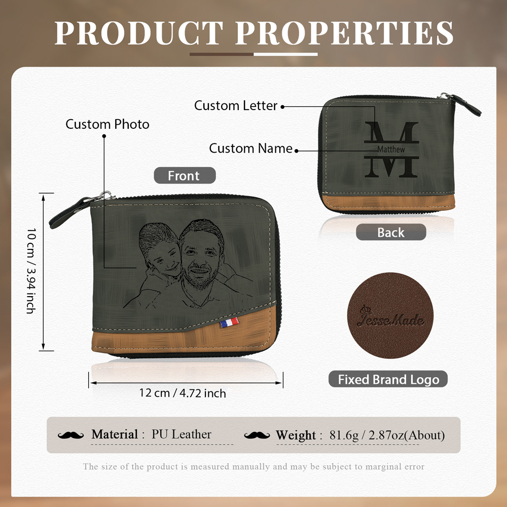 Personalized Name Leather Men's Zipper Wallet With Card Slot Engraved Letter And Photo Gift For Him