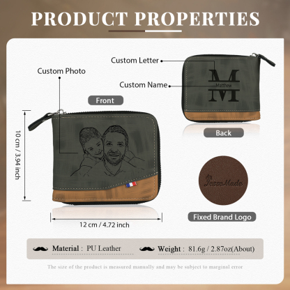 Personalized Name Leather Men's Zipper Wallet With Card Slot Engraved Letter And Photo Gift For Him
