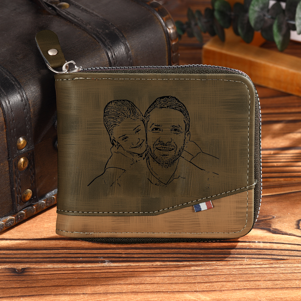 Personalized Name Leather Men's Zipper Wallet With Card Slot Engraved Letter And Photo Gift For Him