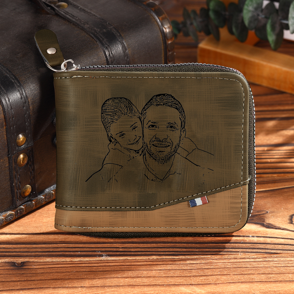 Personalized Name Leather Men's Zipper Wallet With Card Slot Engraved Letter And Photo Gift For Him