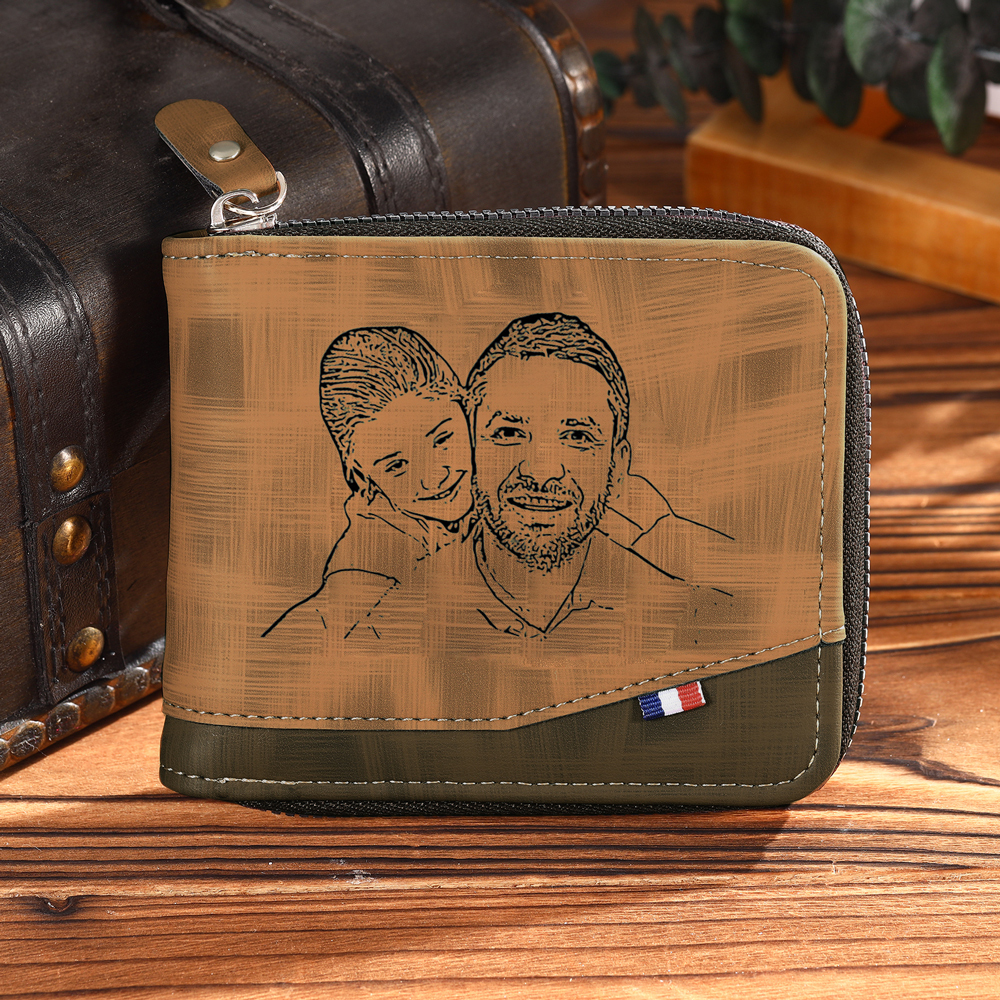 Personalized Name Leather Men's Zipper Wallet With Card Slot Engraved Letter And Photo Gift For Him