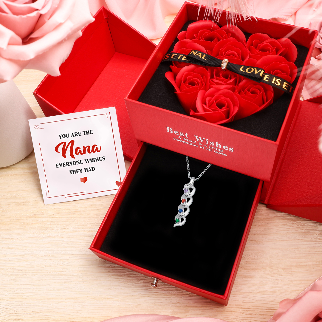 Personalized Birthstone Necklace Customized With 4 Names and 4 Birthst