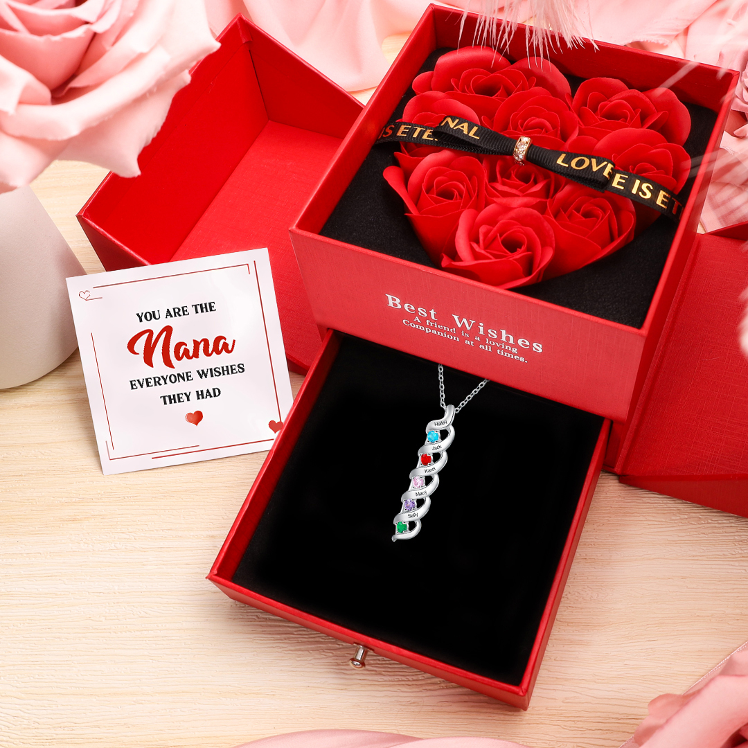 Personalized Birthstone Necklace Customized With 5 Names and 5 Birthst