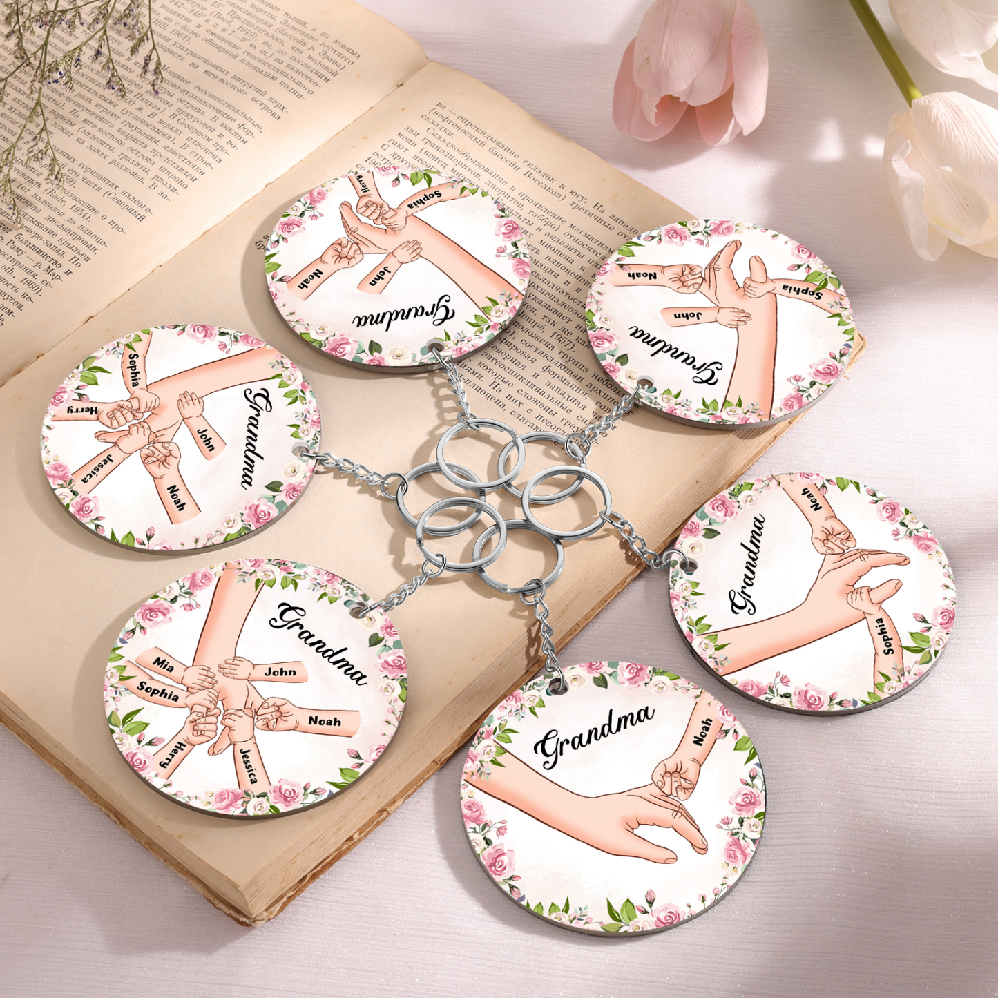 5 Names-Personalised Keychain Custom 5 Names and 1 Text Holding Hands Keychain for Grandma/Mom