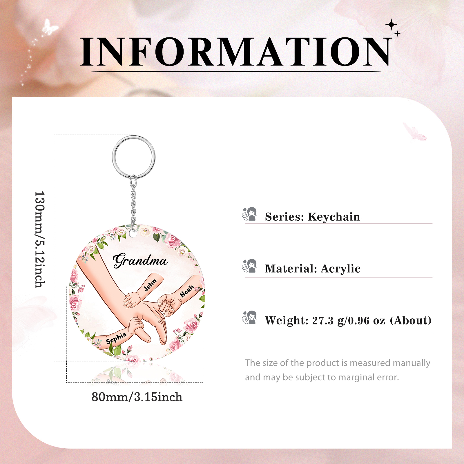 3 Names-Personalised Keychain Custom 3 Names and 1 Text Holding Hands Keychain for Grandma/Mom