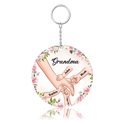 4 Names-Personalised Keychain Custom 4 Names and 1 Text Holding Hands Keychain for Grandma/Mom