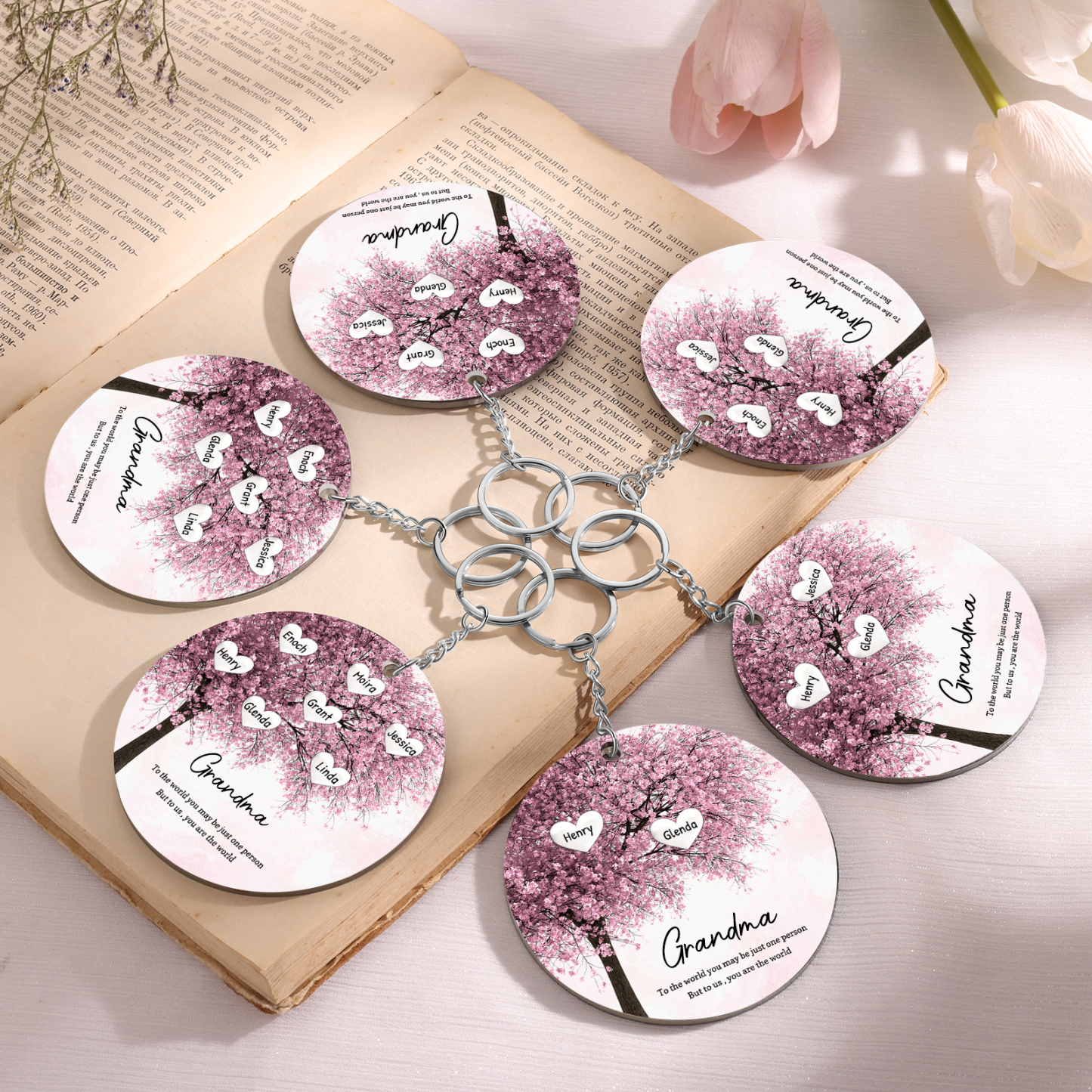 3 Names-Personalized Tree of Life Customized 3 Names and 2 Text Keychain Family Tree Keychain for Grandma/Mom