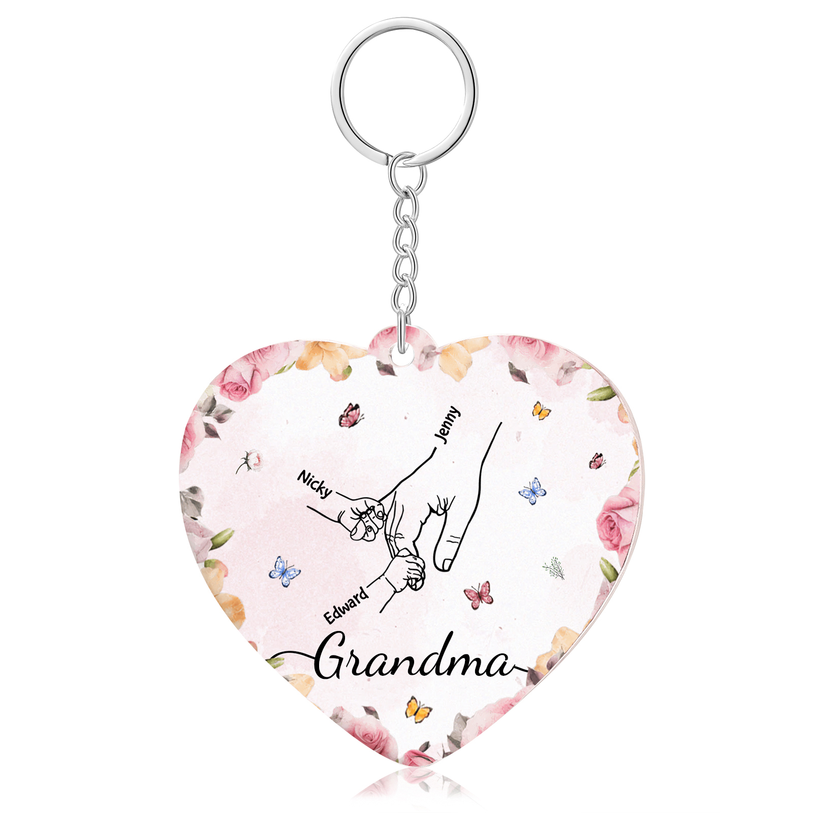 3 Names - Personalized Keychain Customized 3 Names and 1 Text Hand in Hand Keychain Gift for Grandma/Mom