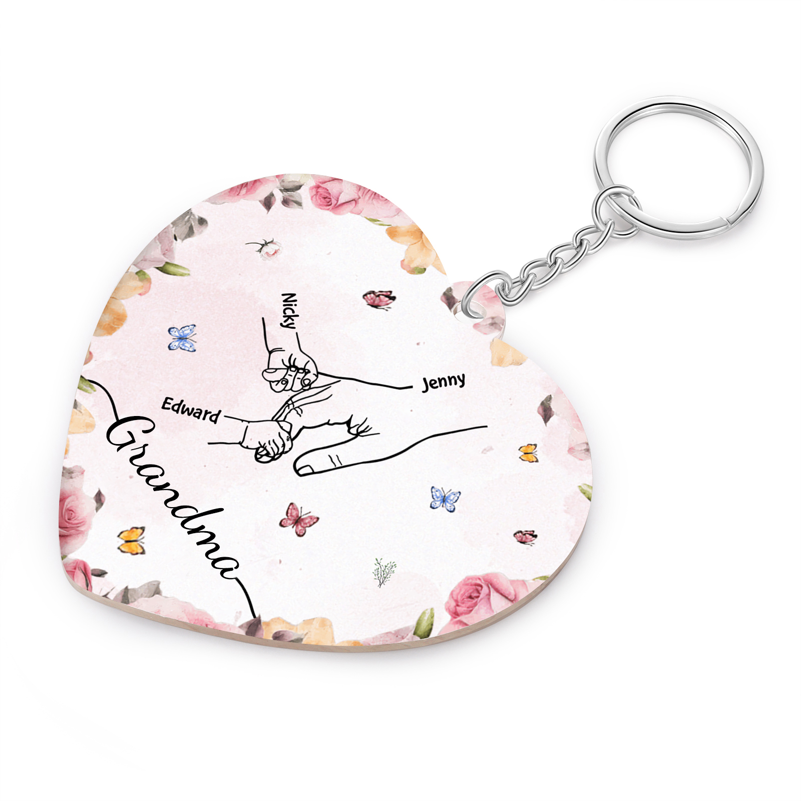 3 Names - Personalized Keychain Customized 3 Names and 1 Text Hand in Hand Keychain Gift for Grandma/Mom
