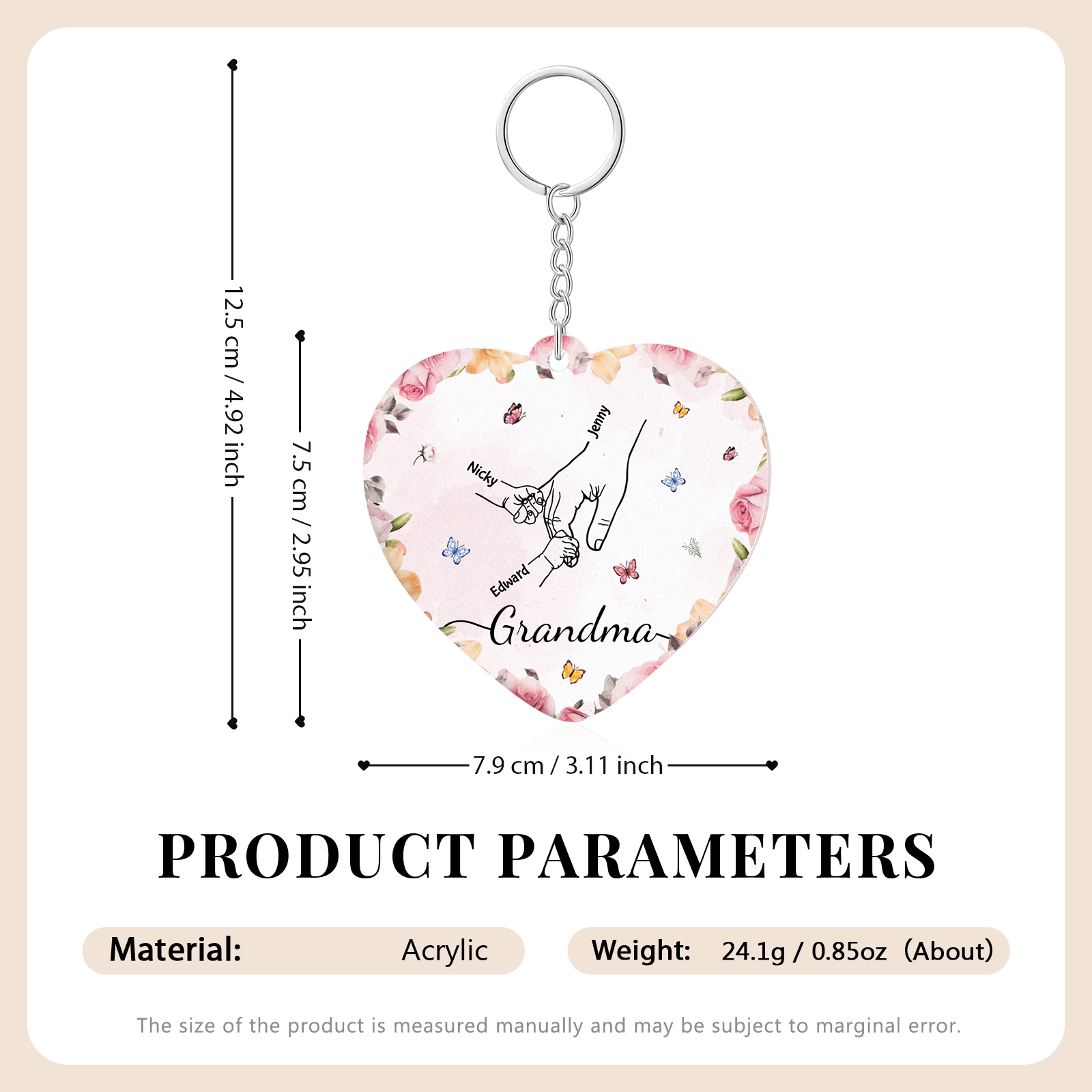 3 Names - Personalized Keychain Customized 3 Names and 1 Text Hand in Hand Keychain Gift for Grandma/Mom