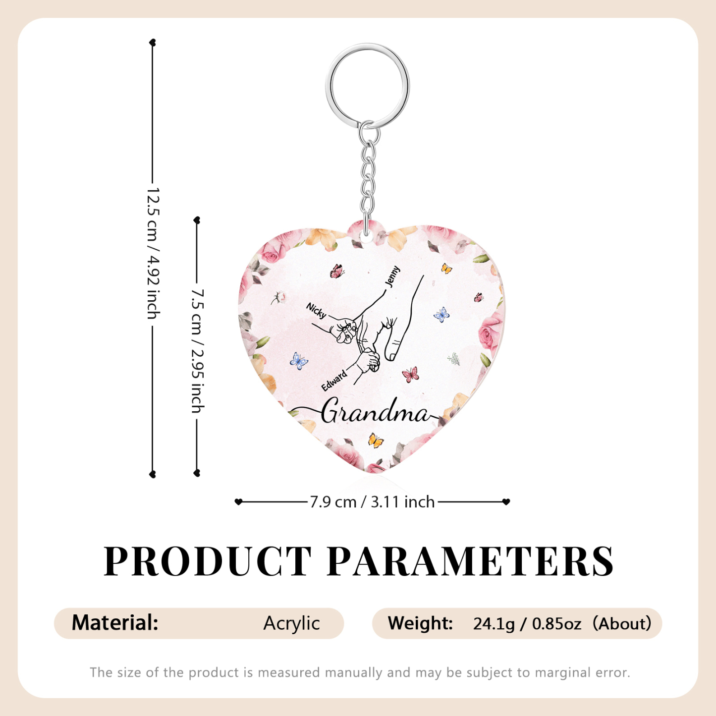 3 Names - Personalized Keychain Customized 3 Names and 1 Text Hand in Hand Keychain Gift for Grandma/Mom