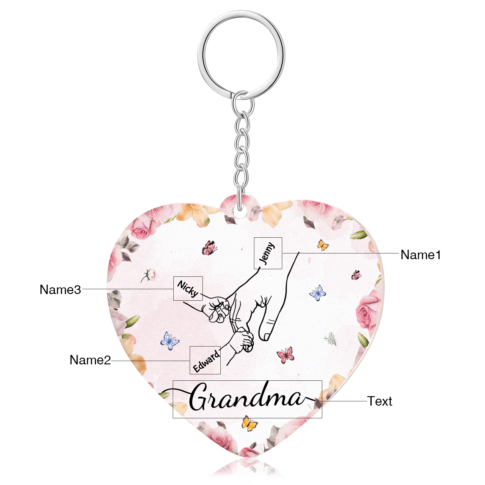 3 Names - Personalized Keychain Customized 3 Names and 1 Text Hand in Hand Keychain Gift for Grandma/Mom