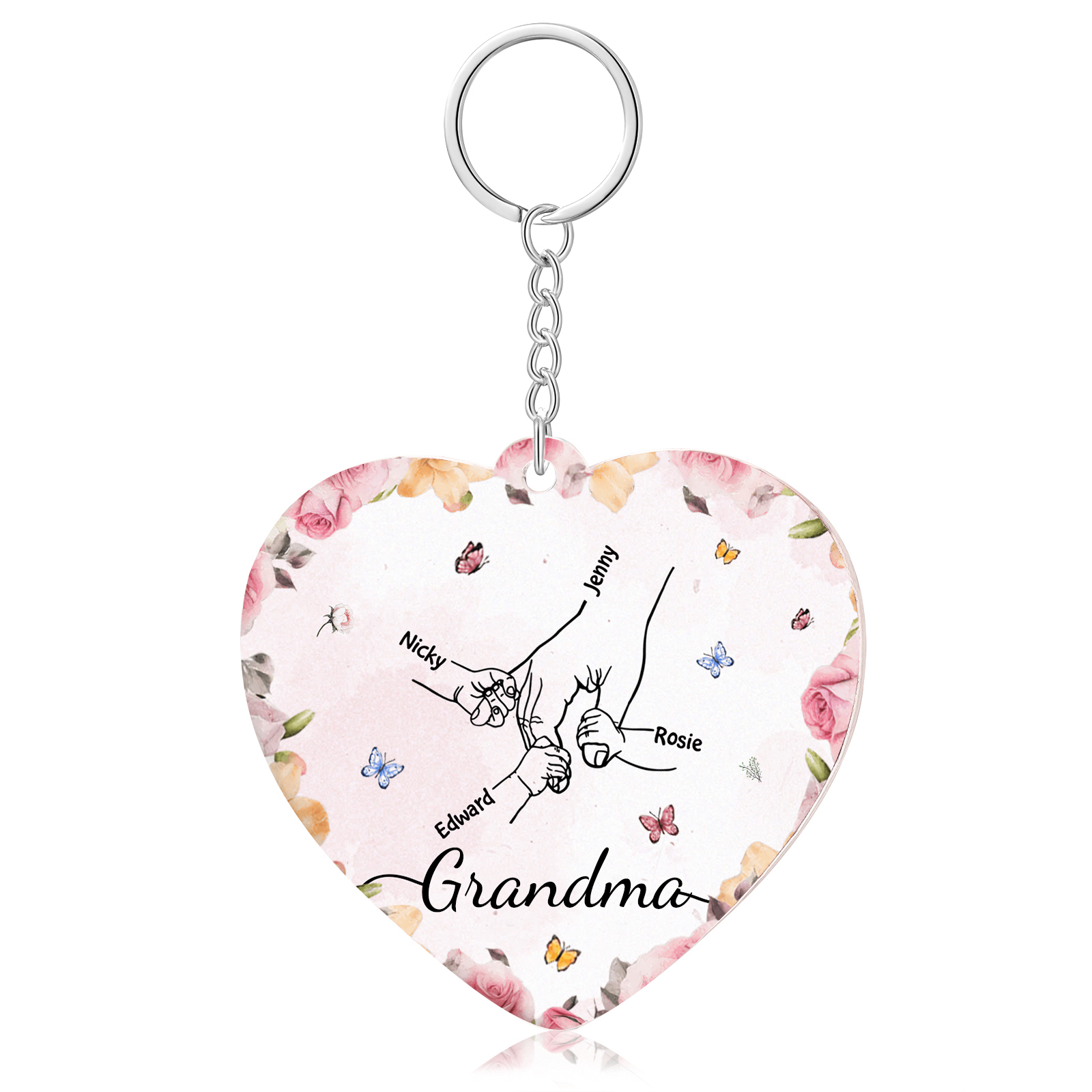 4 Names - Personalized Keychain Customized 4 Names and 1 Text Hand in Hand Keychain Gift for Grandma/Mom