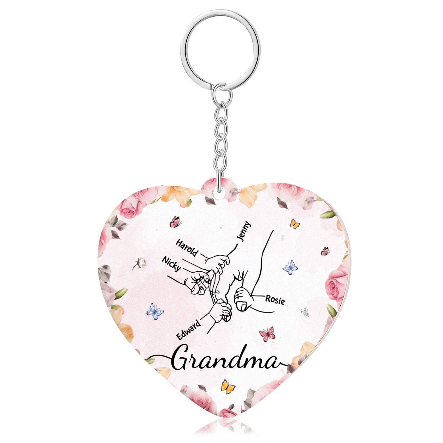 5 Names - Personalized Keychain Customized 5 Names and 1 Text Hand in Hand Keychain Gift for Grandma/Mom