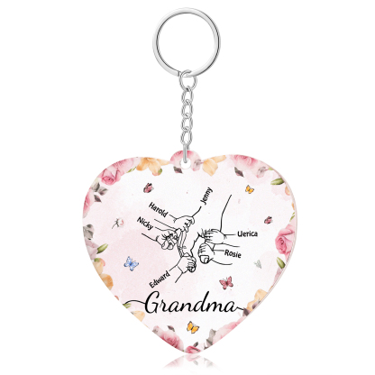6 Names - Personalized Keychain Customized 6 Names and 1 Text Hand in Hand Keychain Gift for Grandma/Mom