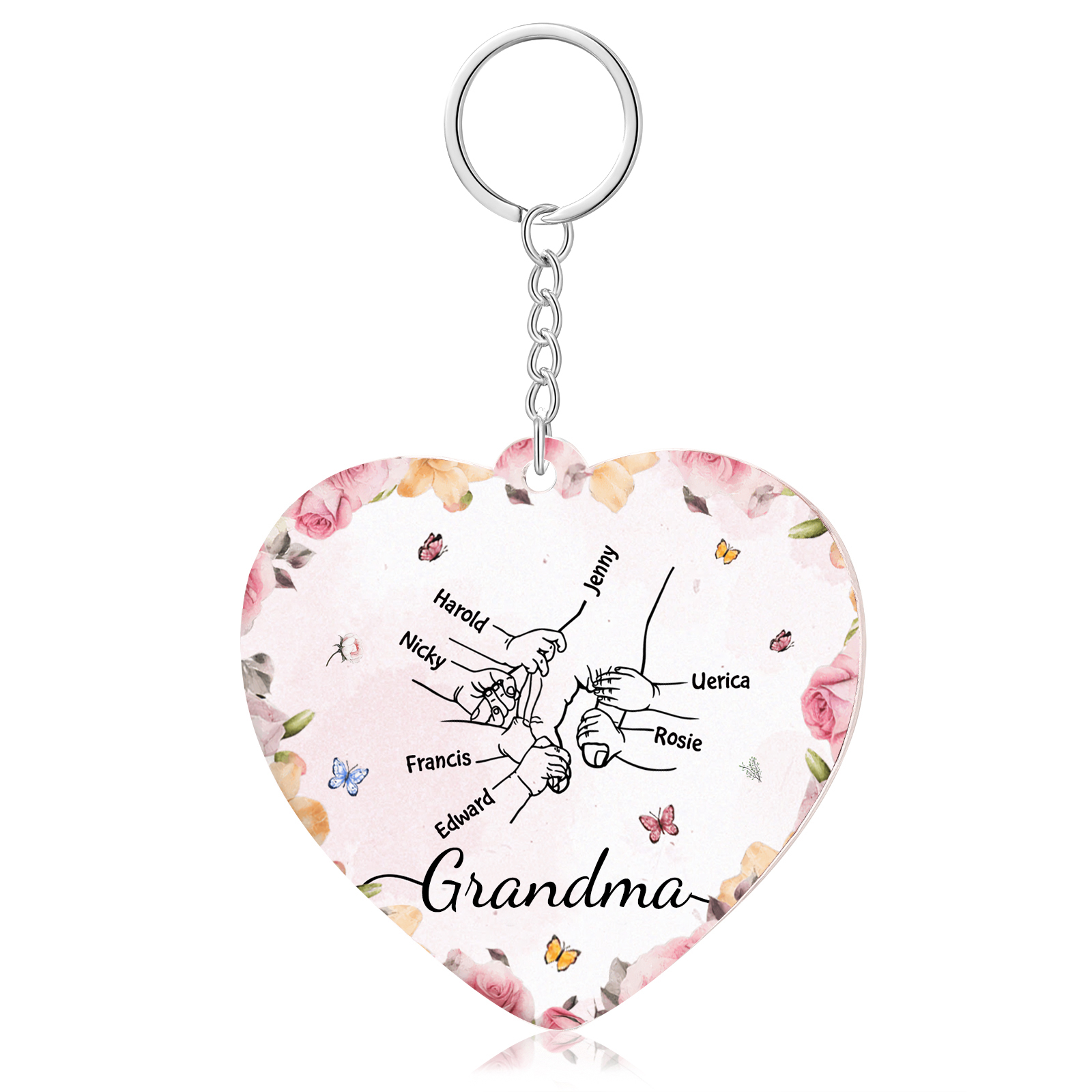 7 Names - Personalized Keychain Customized 7 Names and 1 Text Hand in Hand Keychain Gift for Grandma/Mom