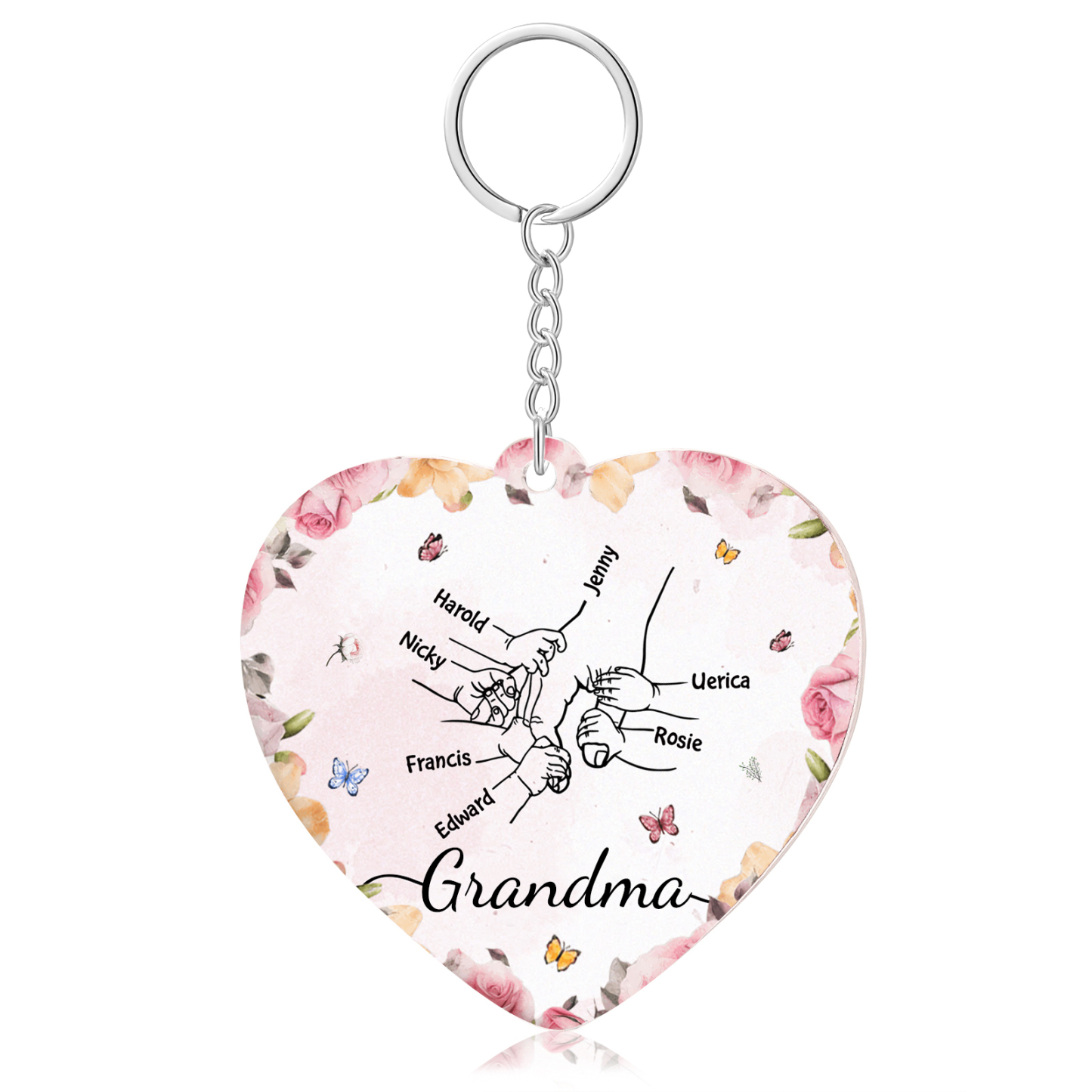 7 Names - Personalized Keychain Customized 7 Names and 1 Text Hand in Hand Keychain Gift for Grandma/Mom