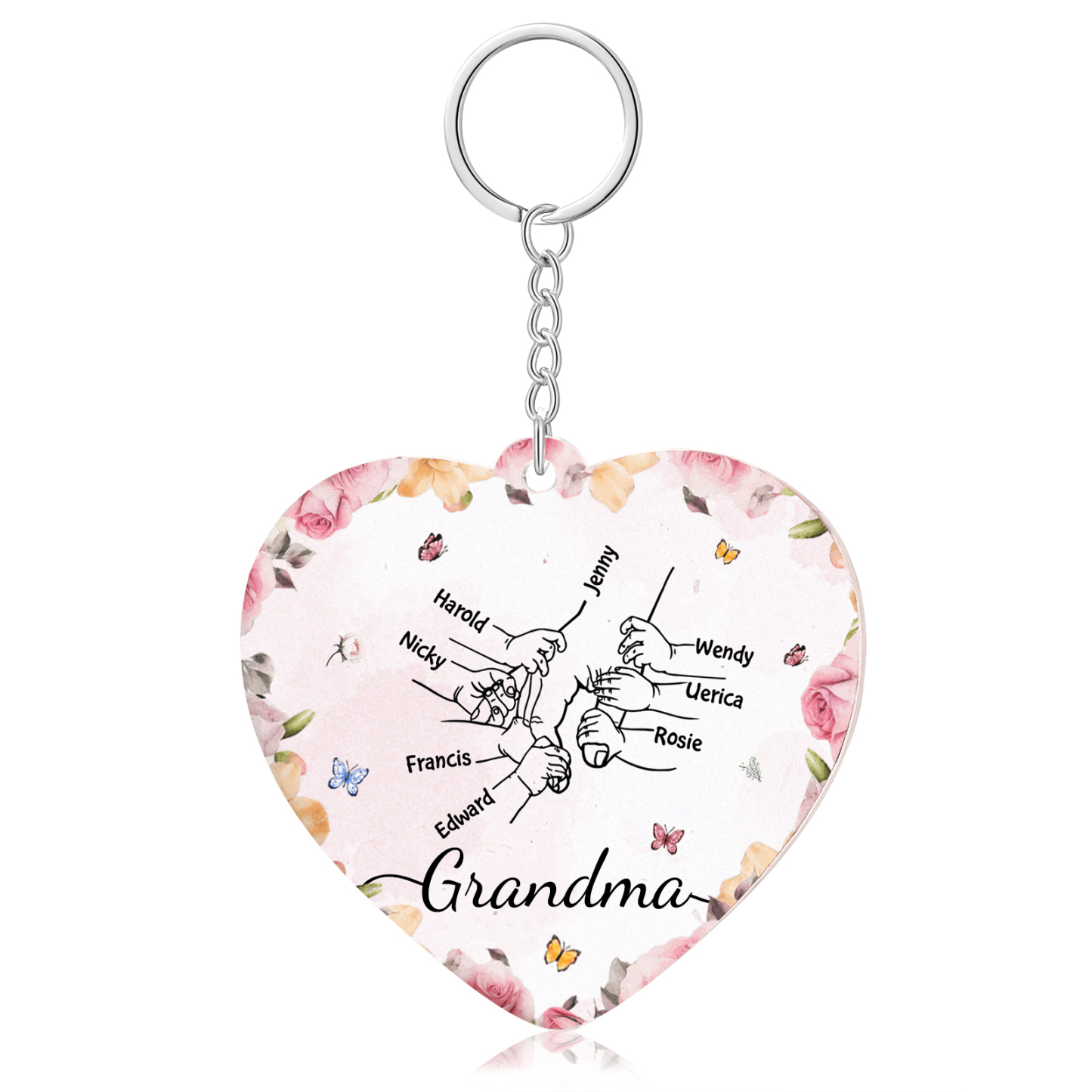 8 Names - Personalized Keychain Customized 8 Names and 1 Text Hand in Hand Keychain Gift for Grandma/Mom