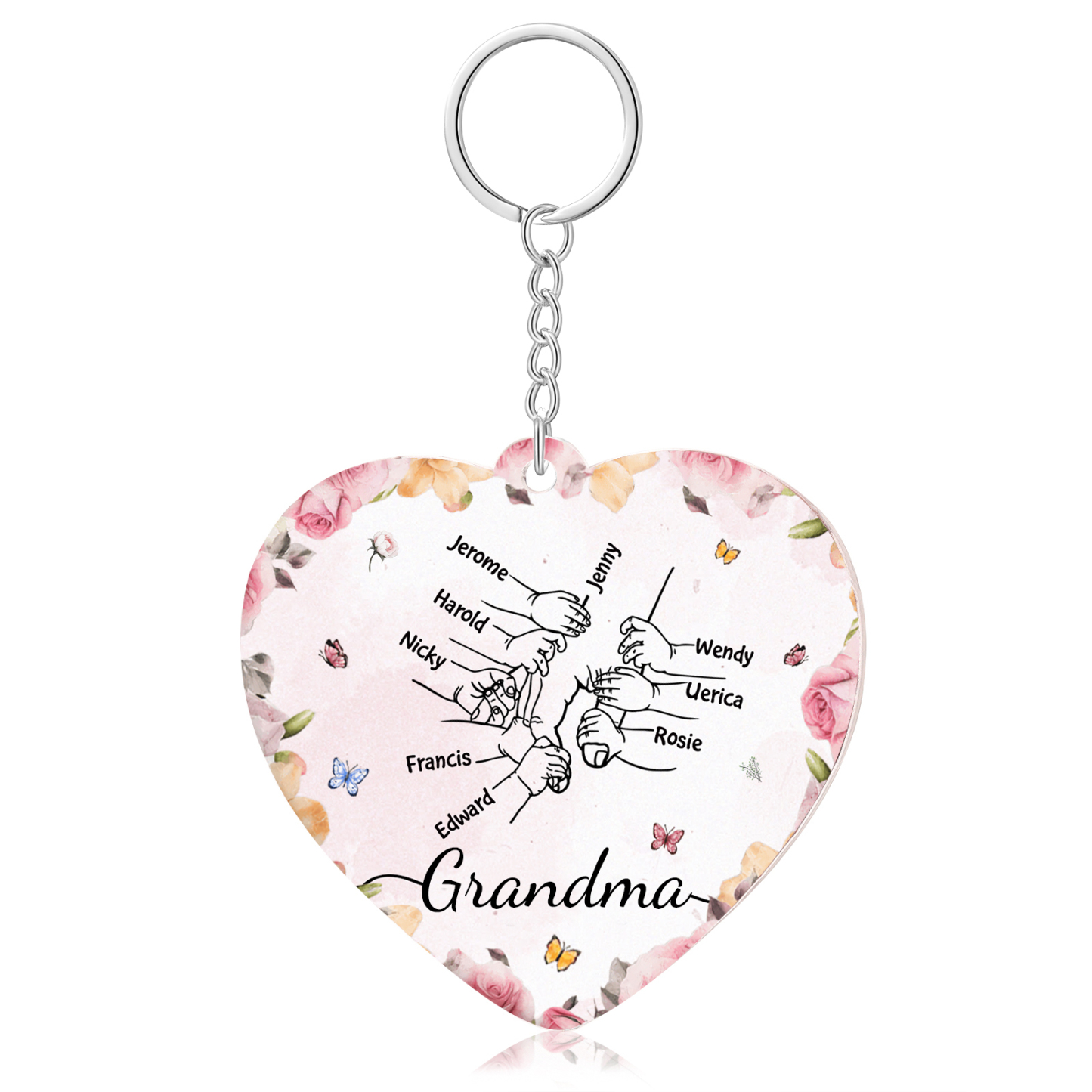 9 Names - Personalized Keychain Customized 9 Names and 1 Text Hand in Hand Keychain Gift for Grandma/Mom