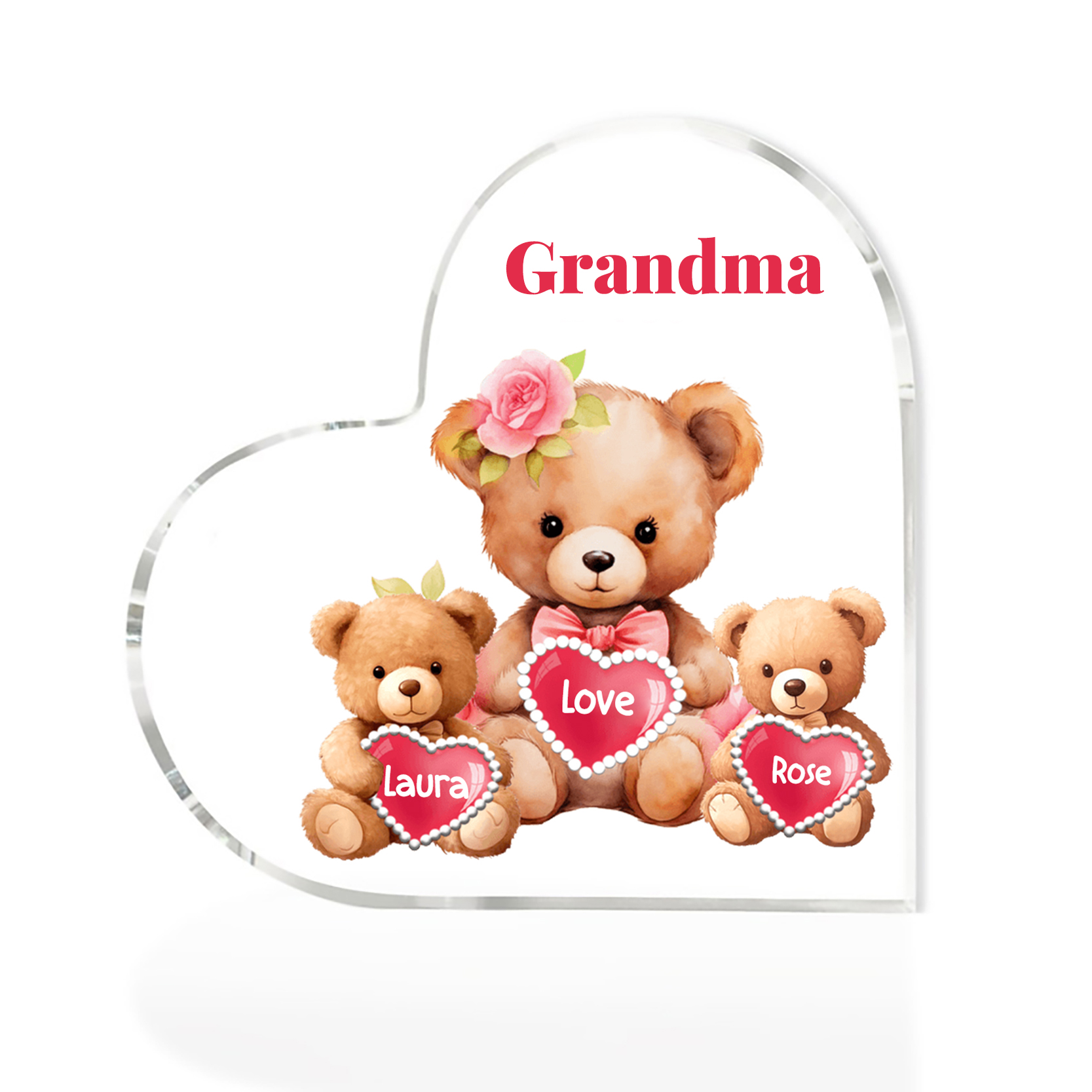 2 Names-Personalized Bear Acrylic Heart Keepsake Custom Text Acrylic Plaque Ornaments Gifts for Grandma