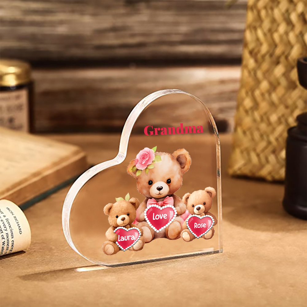 2 Names-Personalized Bear Acrylic Heart Keepsake Custom Text Acrylic Plaque Ornaments Gifts for Grandma