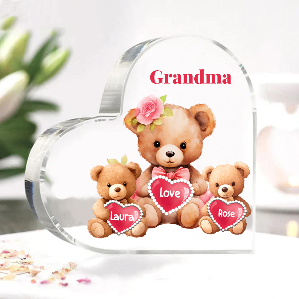 2 Names-Personalized Bear Acrylic Heart Keepsake Custom Text Acrylic Plaque Ornaments Gifts for Grandma